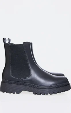 PrettyLittleThing Black Boots*Pu Round Toe Chelsea Ankle Boots
