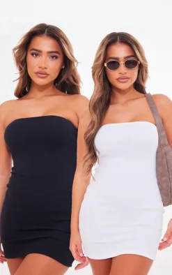 & White 2 Pack Rib Bandeau Bodycon Dress-PrettyLittleThing Outlet