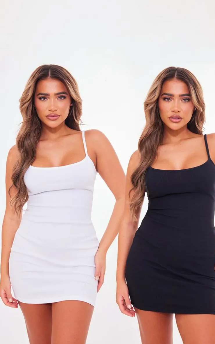 & White 2 Pack Rib Strappy Bodycon Dress-PrettyLittleThing Clearance