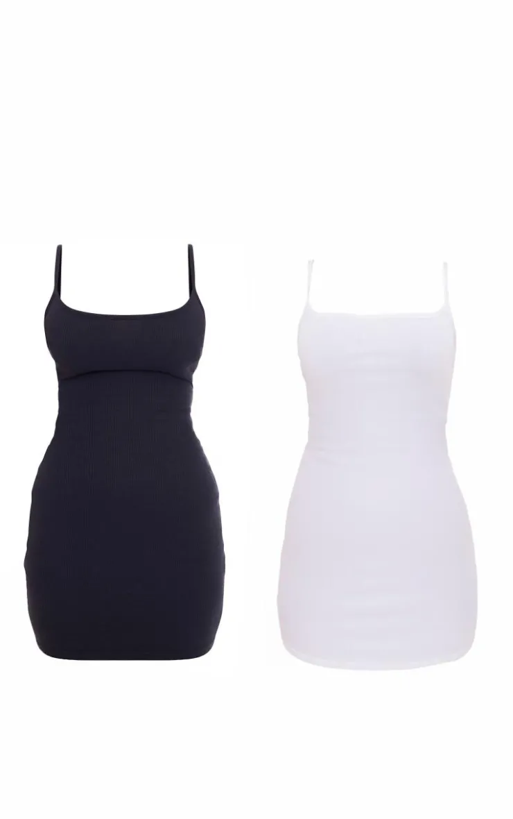 & White 2 Pack Rib Strappy Bodycon Dress-PrettyLittleThing Clearance