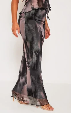 Best PrettyLittleThing Abstract Print Mesh Low Rise Midaxi Skirt Black