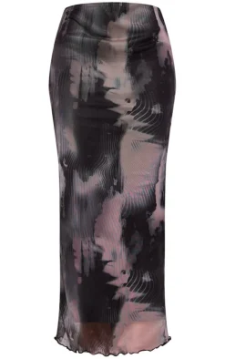 Best PrettyLittleThing Abstract Print Mesh Low Rise Midaxi Skirt Black