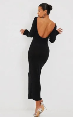 Acetate Slinky Long Sleeve Slash Neck Open Back Maxi Dress-PrettyLittleThing New