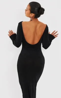 Acetate Slinky Long Sleeve Slash Neck Open Back Maxi Dress-PrettyLittleThing New