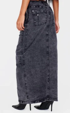 Black Acid Wash Twill Raw Hem Maxi Skirt
