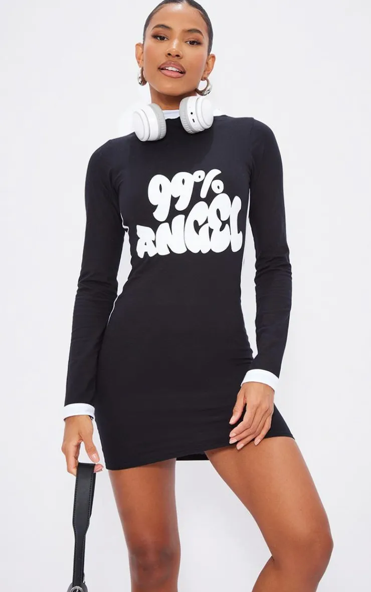 Angel Graphic Contrast Sleeve Bodycon Dress-PrettyLittleThing