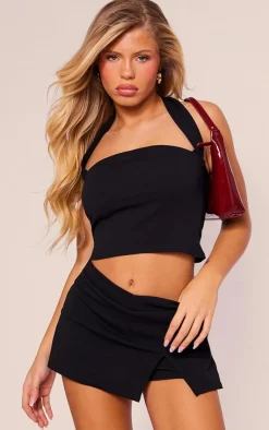 Discount PrettyLittleThing Asymmetric Halterneck Strap Detail Bandeau Black