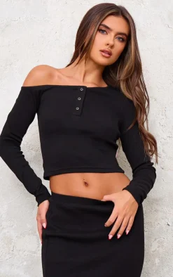 Outlet PrettyLittleThing Asymmetric Neck Rib Long Sleeve Top Black