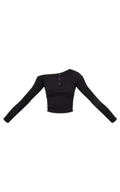 Outlet PrettyLittleThing Asymmetric Neck Rib Long Sleeve Top Black