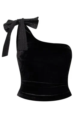 Asymmetric Velvet Sequin Bow Detail Long Top-PrettyLittleThing Best