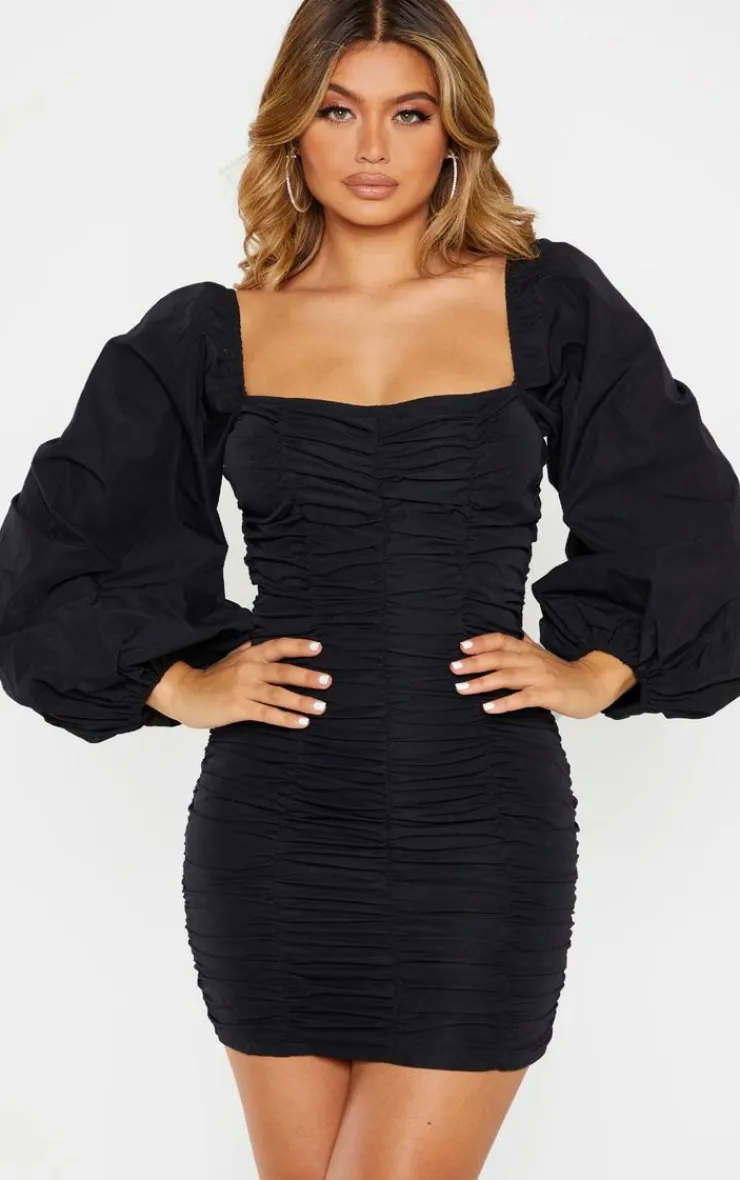 Balloon Sleeve Ruched Bodycon Dress-PrettyLittleThing Clearance