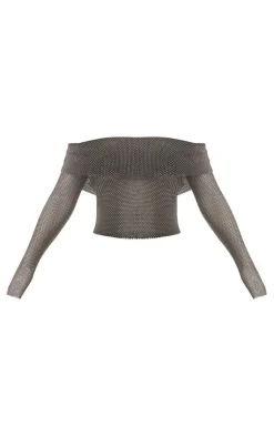Bardot Fishnet Diamante Long Sleeve Top-PrettyLittleThing Discount