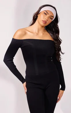 PrettyLittleThing Knitted Tops*Bardot Rib Knit Long Sleeve Top