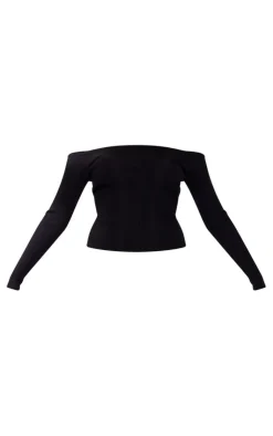 PrettyLittleThing Knitted Tops*Bardot Rib Knit Long Sleeve Top