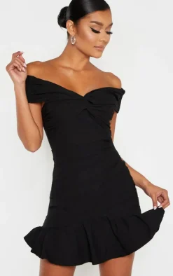 Bardot Shirred Pleated Bodycon Dress-PrettyLittleThing Sale
