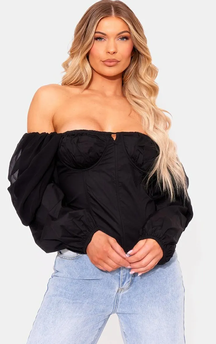 PrettyLittleThing Shirts*Bardot Sleeve Chiffon Insert Shirt