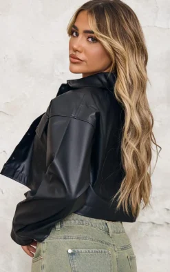 PrettyLittleThing Faux Leather Jackets*Basic Patch Pocket Front Cropped Faux Leather Jacket