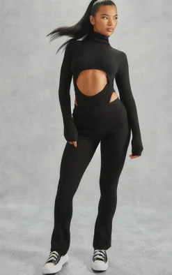 New PrettyLittleThing Basic Rib Knit Kick Flare Pants Black