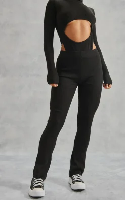 New PrettyLittleThing Basic Rib Knit Kick Flare Pants Black