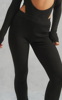 New PrettyLittleThing Basic Rib Knit Kick Flare Pants Black