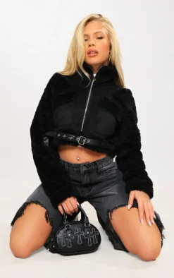 PrettyLittleThing Aviator Jackets*Belted Hem Faux Suede Borg Lined Aviator