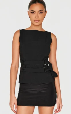 PrettyLittleThing Sleeveless Tops*Bengaline Boatneck Buckle Detail Long Top