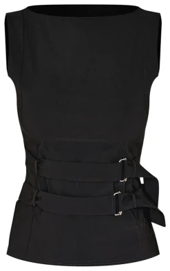 PrettyLittleThing Sleeveless Tops*Bengaline Boatneck Buckle Detail Long Top