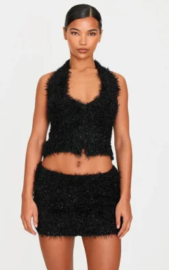 PrettyLittleThing Bobble Eyelash Knit Halterneck Vest Black