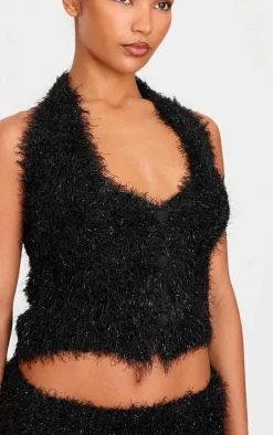PrettyLittleThing Bobble Eyelash Knit Halterneck Vest Black