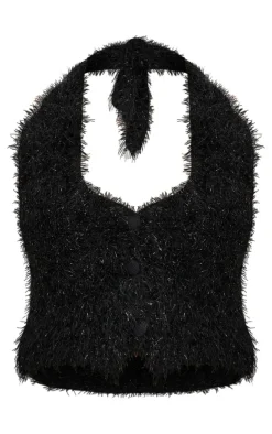 PrettyLittleThing Bobble Eyelash Knit Halterneck Vest Black