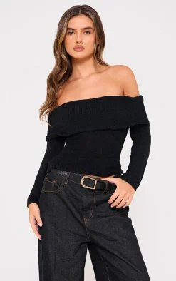 PrettyLittleThing Knitted Tops*Bobble Knit Bardot Top