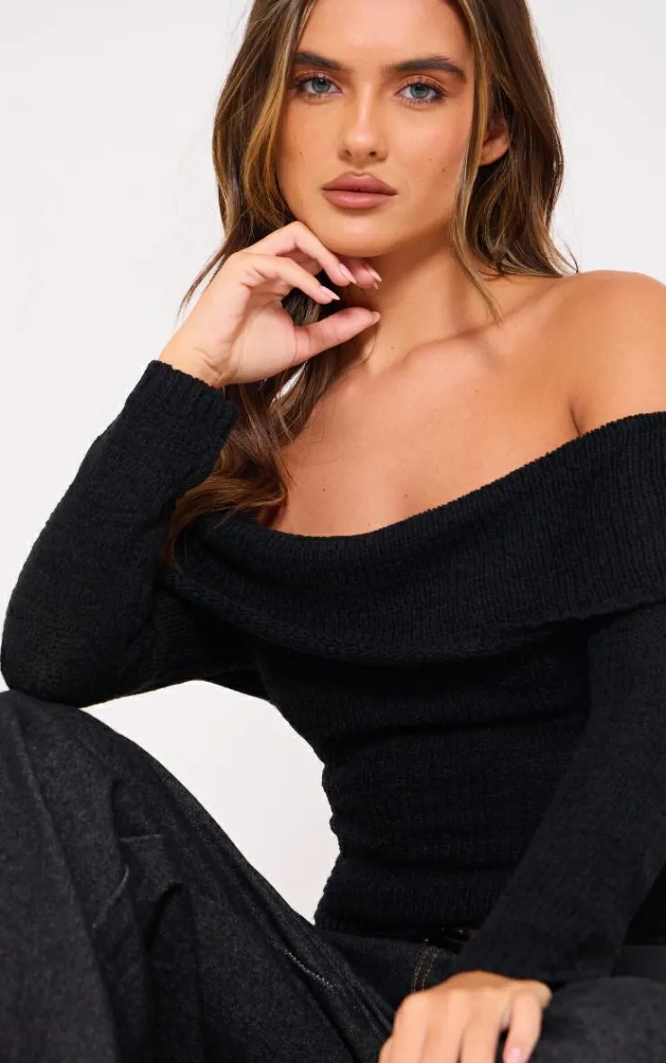 PrettyLittleThing Knitted Tops*Bobble Knit Bardot Top