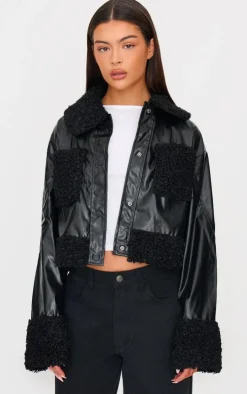 PrettyLittleThing Faux Leather Jackets*Borg Pocket Front Faux Leather Cropped Coat