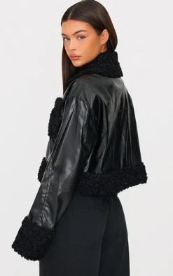 PrettyLittleThing Faux Leather Jackets*Borg Pocket Front Faux Leather Cropped Coat