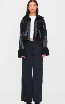 PrettyLittleThing Faux Leather Jackets*Borg Pocket Front Faux Leather Cropped Coat