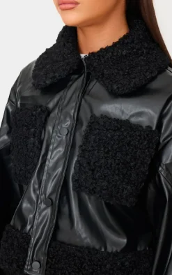 PrettyLittleThing Faux Leather Jackets*Borg Pocket Front Faux Leather Cropped Coat