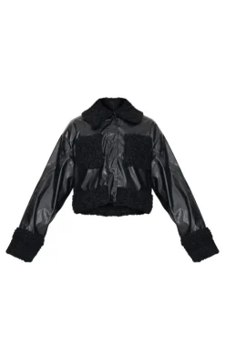 PrettyLittleThing Faux Leather Jackets*Borg Pocket Front Faux Leather Cropped Coat