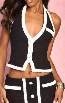 Sale PrettyLittleThing Boucle Halterneck Button Detail Top Black