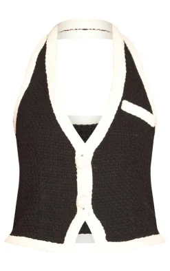 Sale PrettyLittleThing Boucle Halterneck Button Detail Top Black