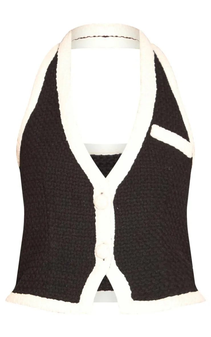 Sale PrettyLittleThing Boucle Halterneck Button Detail Top Black