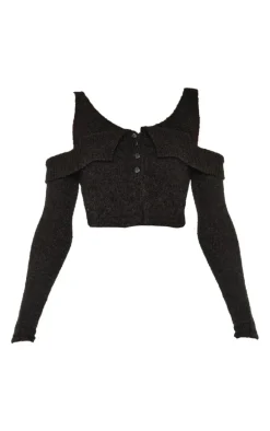 Black Boucle Knit Cold Shoulder Button Up Top