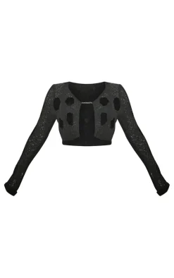 Hot PrettyLittleThing Boucle Knit Cut Out Chain Detail Top Black