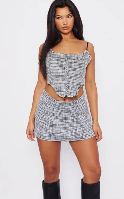 New PrettyLittleThing Boucle Tweed Strappy Corset Top Black