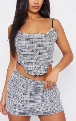 New PrettyLittleThing Boucle Tweed Strappy Corset Top Black