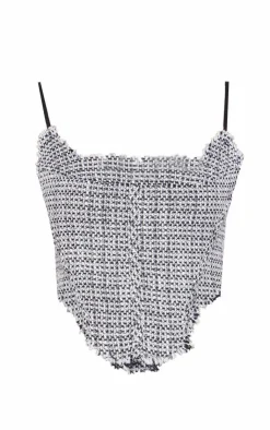 New PrettyLittleThing Boucle Tweed Strappy Corset Top Black