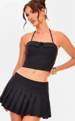 Discount PrettyLittleThing Bow Detail Tie Neck Halterneck Crop Top Black