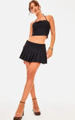 Discount PrettyLittleThing Bow Detail Tie Neck Halterneck Crop Top Black
