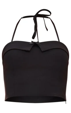 Discount PrettyLittleThing Bow Detail Tie Neck Halterneck Crop Top Black
