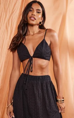 Discount PrettyLittleThing Broderie Anglais Tie Front Triangle Bralet Black