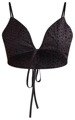 Discount PrettyLittleThing Broderie Anglais Tie Front Triangle Bralet Black